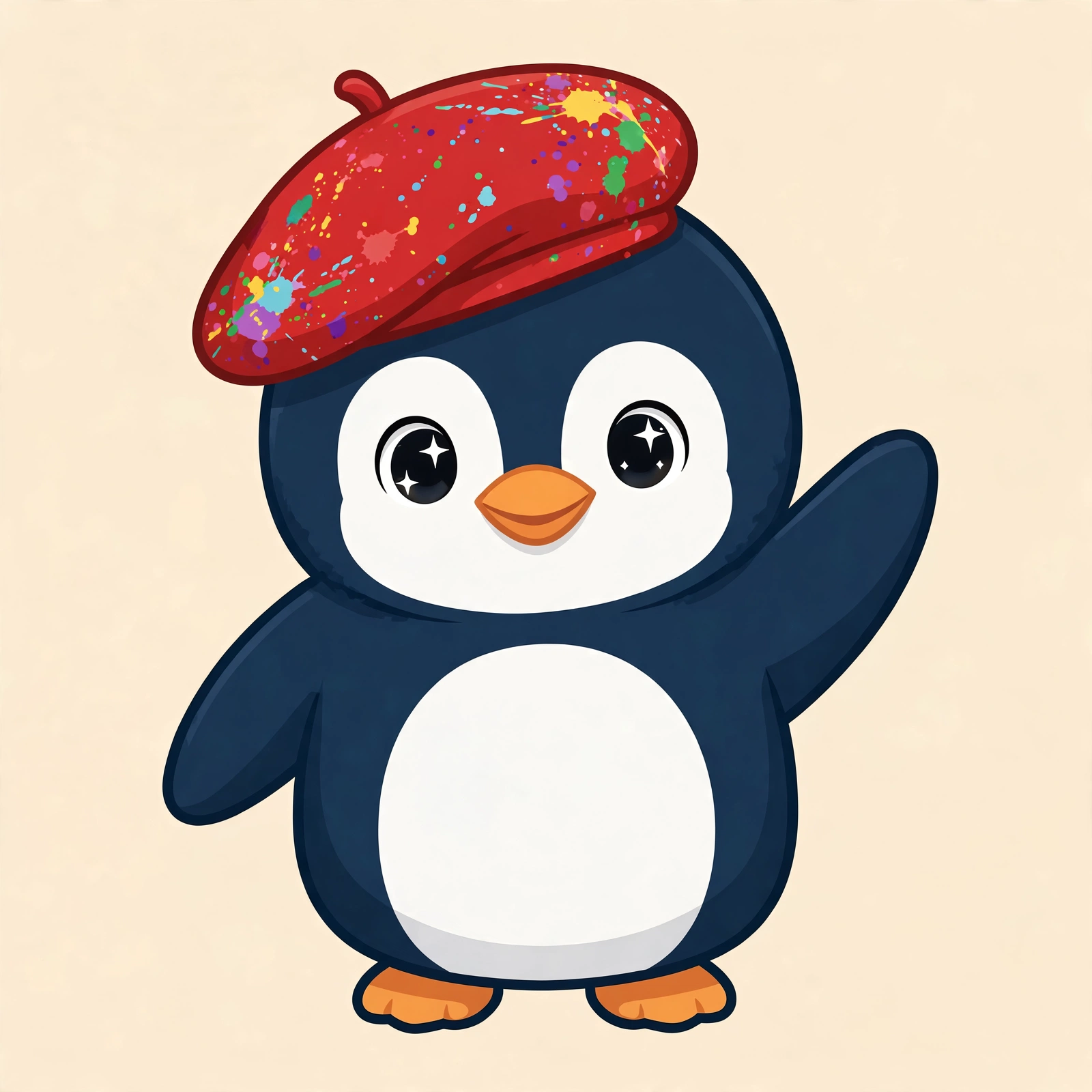 Penguin wearing a paint-splattered beret